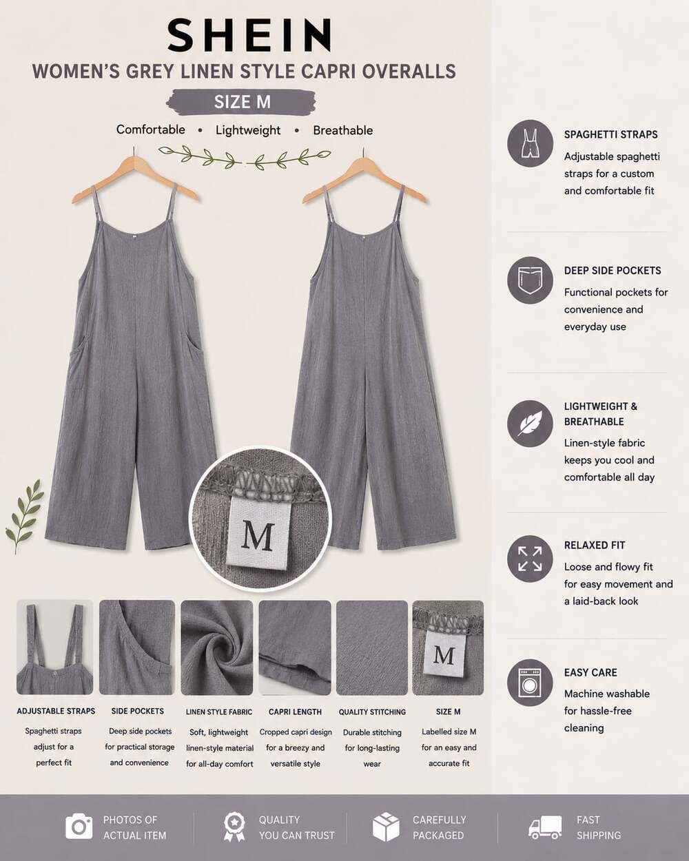 SHEIN Women's Grey Linen Style Capri Overalls